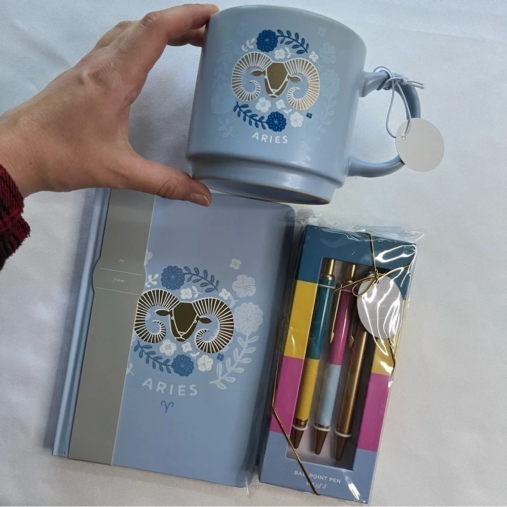 Fringe Studio Aries Zodiac Blue Stationary Set Notebook, Coffee Mug, & Pens NWT